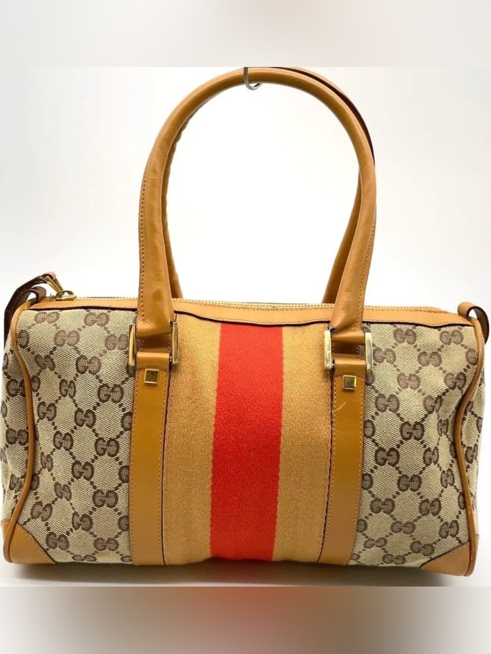 Gucci Brown MINI BOSTON BAG Monogram Satchel Sherry line Stripe perfect size!